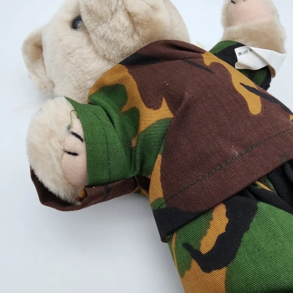 US Army Teddy Bear Plush Stuffed Animal Tan Jointed Camo Uniform Vintage Elgate